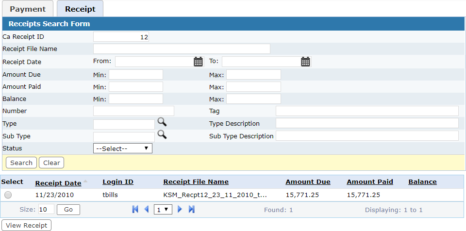 Payment Manager Receipts Search Form and Results